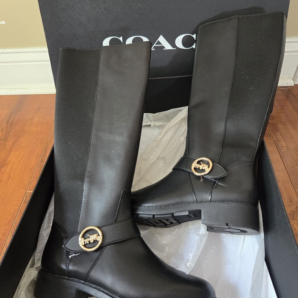 NEW Coach Ricki Black Leather Riding Boots Black, Size 5C.